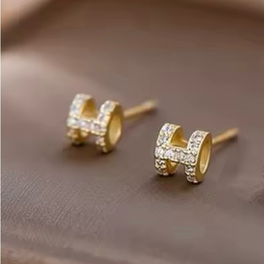 18K Gold Mini Pave Diamond Minimalist Letter H Shaped Earrings